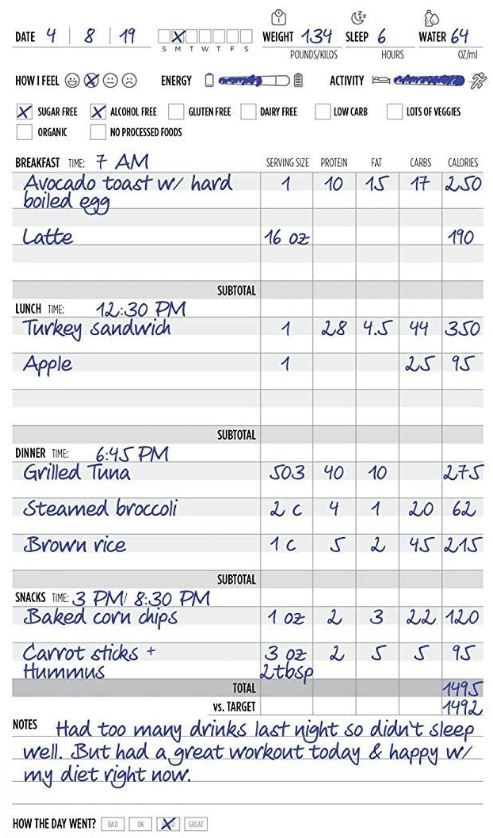 completed food journal showing possible items to include when tracking