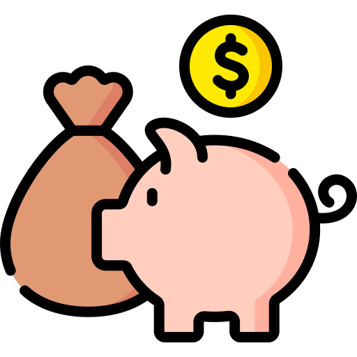 An icon of a piggy bank, near a brown money bag, with a yellow coin above it