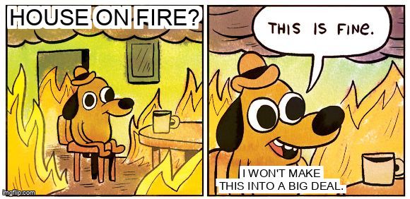 A smiling dog on a chair in a house on fire. Caption reads: House on fire? I won't make this into a big deal. This is fine.