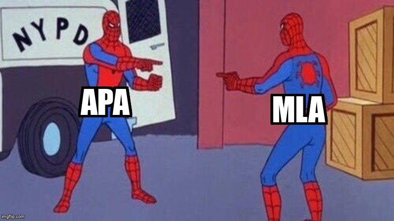 Identical Spidermans pointing at each other: one labeled APA and the other labeled MLA.