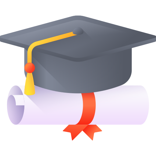 Icon of a graduation cap on top of a diploma rolled up in a red bow.