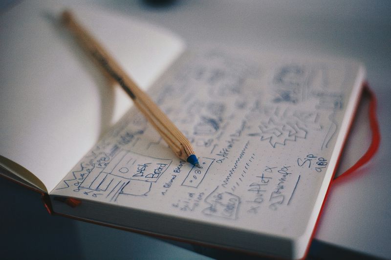 A notebook with hand written notes and designs on an open page.