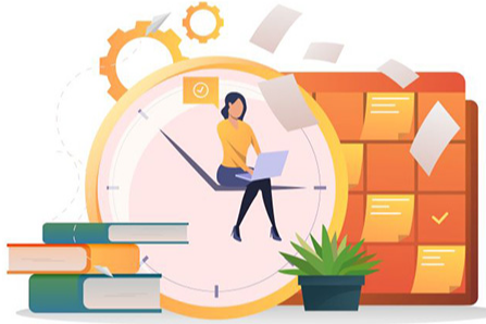 Illustration depicting woman sitting on clock dial working on laptop surrounded by books and calendar