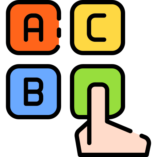 An icon of multiple-choice options with a hand selecting one answer.