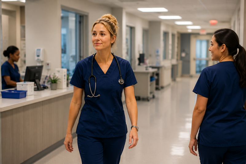 A healthcare worker walks confidently through a hospital after a respectful conversation.
