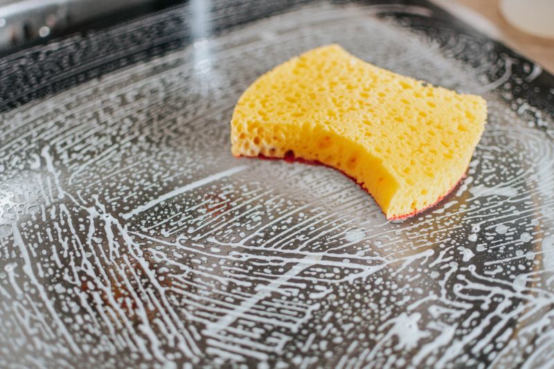 Bright yellow sponge on top of a soapy surface 