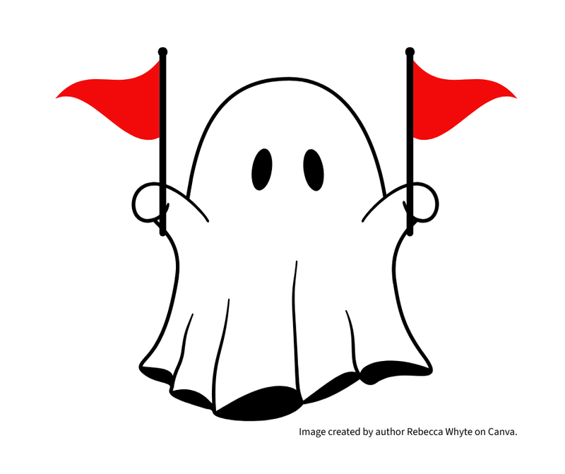 A white ghost waving two red flags.
