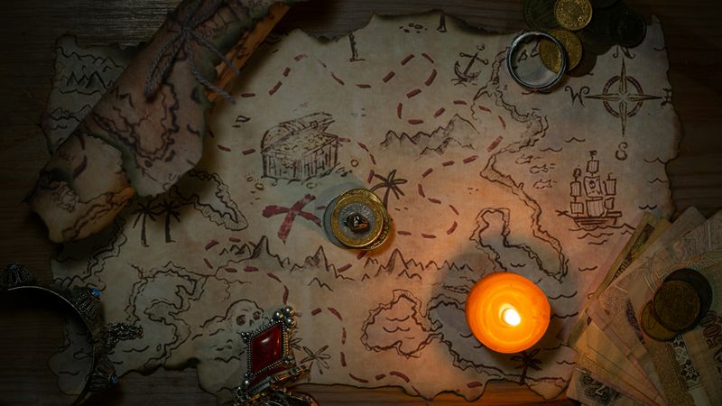 A treasure map on a table, lit by a candle.