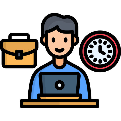 Icon of human working at laptop with a briefcase above the left shoulder and a clock above the right shoulder.