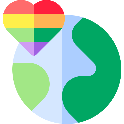 An icon of Earth with a rainbow-heart on the top left.