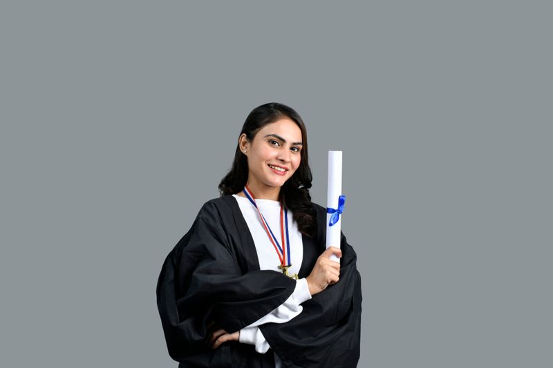 A female graduate holding a diploma.