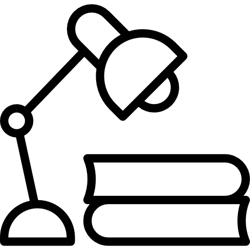 Black and white outline of a desk lamp with books 