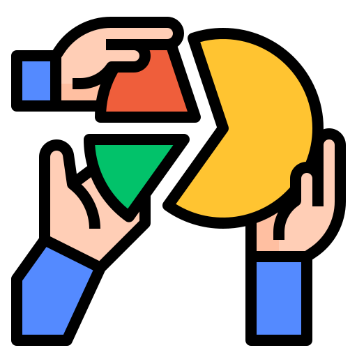 Icon of three hands holding pieces of a pie chart. One piece of the chart is bigger than the others which are equal in size