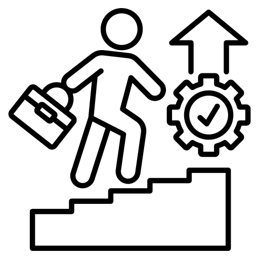 stick figure with a briefcase climbing stairs. Arrow pointing upwards with a checkmark at the top of the staircase,