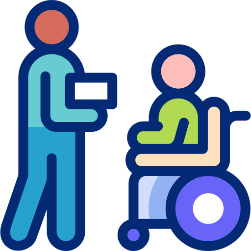 An icon of a person in a wheelchair accompanied by a medical staff figure..