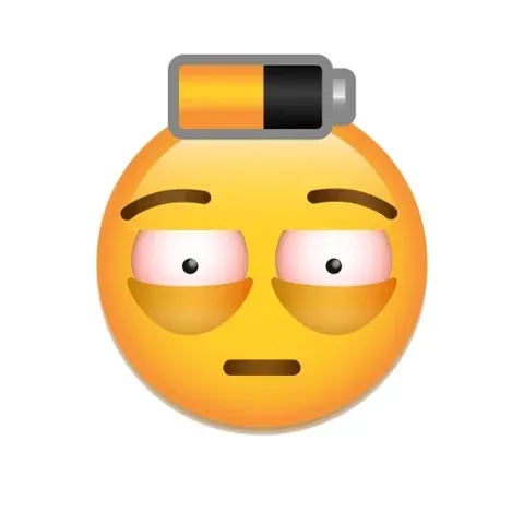 An extremely tired emoji with a depleting battery.