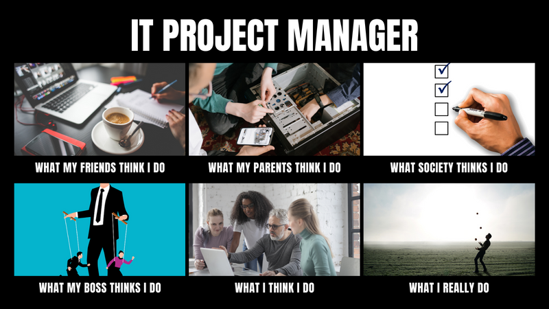 Different images of what people think an IT project manager does