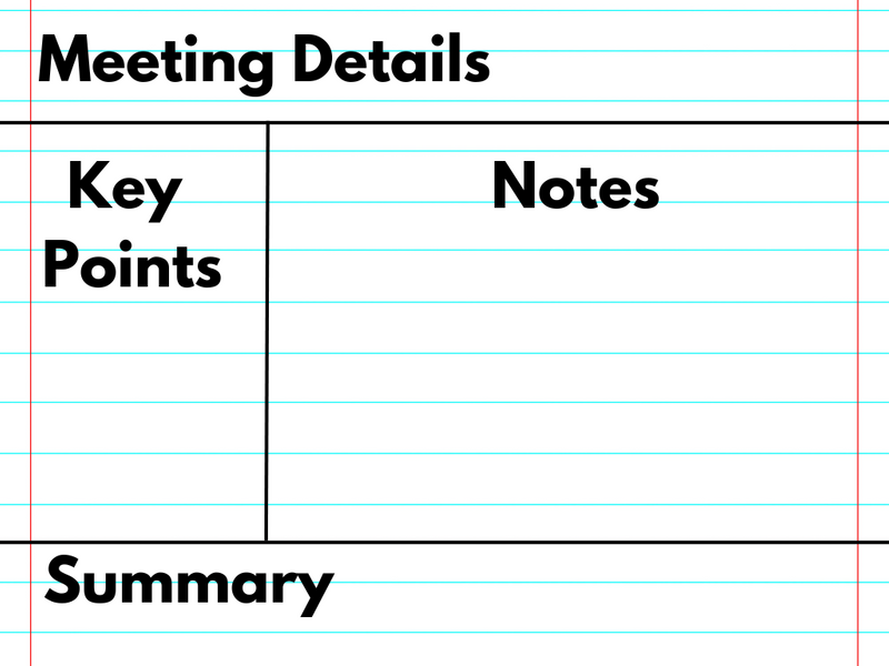 Top section - Meeting Details, left section - key points, right section Notes, bottom section Summary