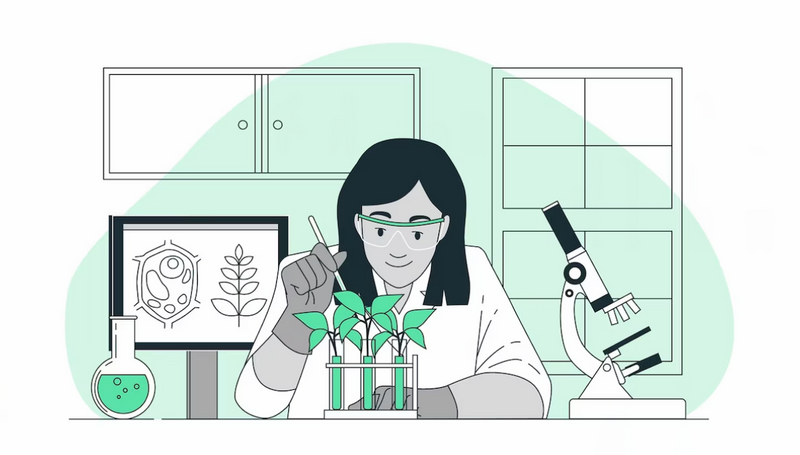 A sitting woman-presenting scientist in a lab room with plant cell poster is using forceps on a plant leaf in a test tube.