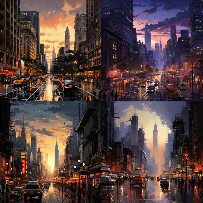 4 results of the /imagine prompt: cityscape with skyscrapers and a bustling street at dusk.