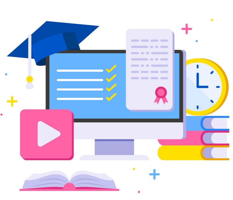 Illustration for online education, showing a computer with a graduation cap, video player icon, diploma, and books.