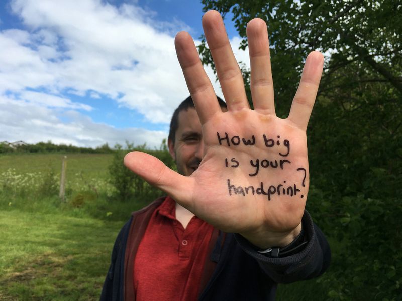 A raised hand marked with “How big is your handprint?”
