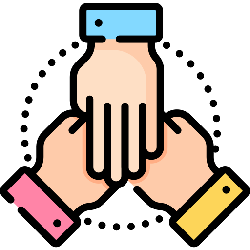 Icon of 3 hands on top of each other to represent working together.