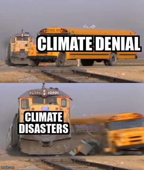 A train hitting a school bus. The school bus is labelled 'climate denial' and the train is labelled 'climate disasters'.