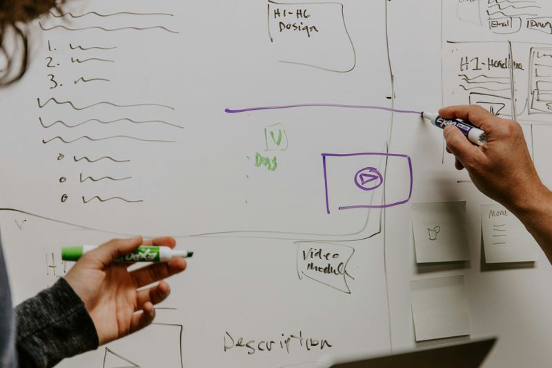 Two people draw on a whiteboard used for strategizing filled with writing and sticky notes 