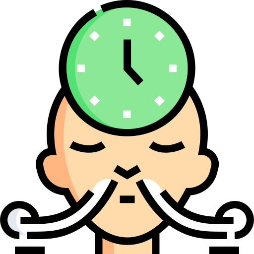 An icon of a person breathing through their nose and a clock above their head, indicating measured breathing.