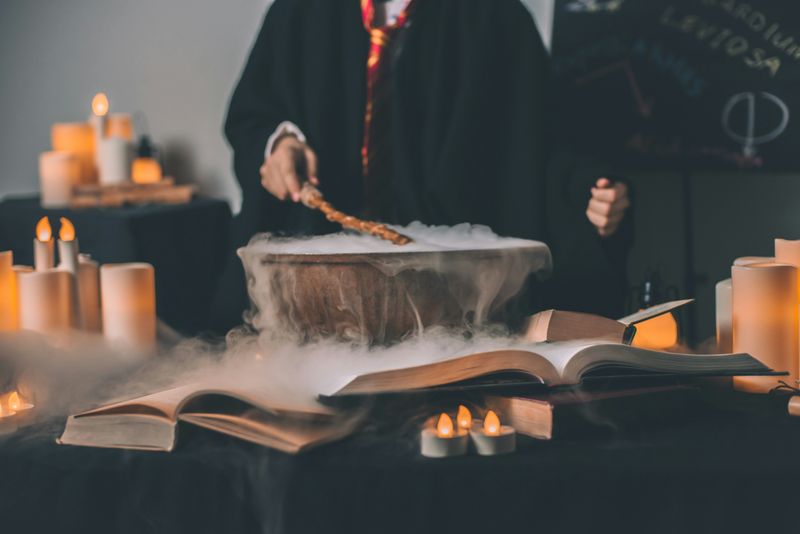 A wizard stirring cauldron.