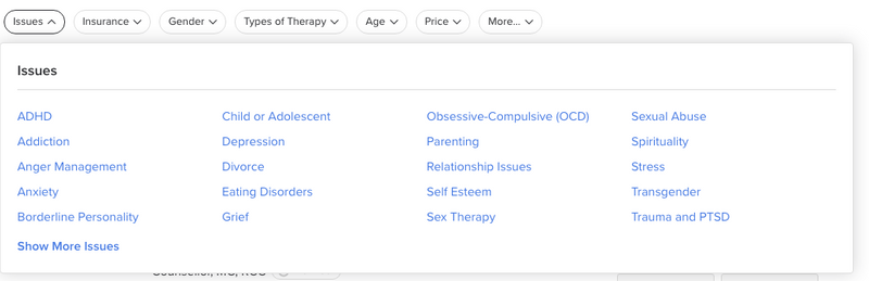 screenshot of applying filters for types of therapy when searching for a therapist