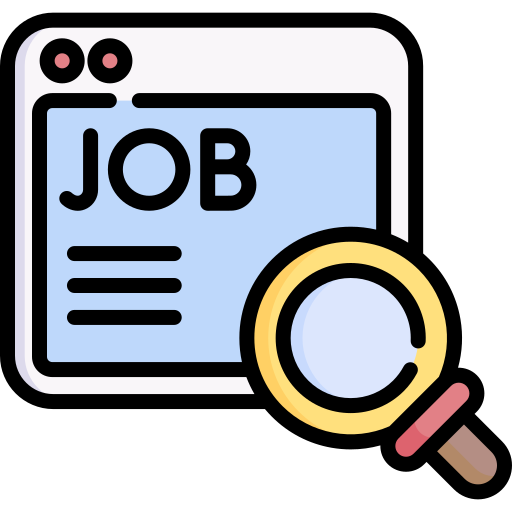 An icon image of a magnifying glass hovering over a computer screen with the word 'Job' on the screen's webpage. 