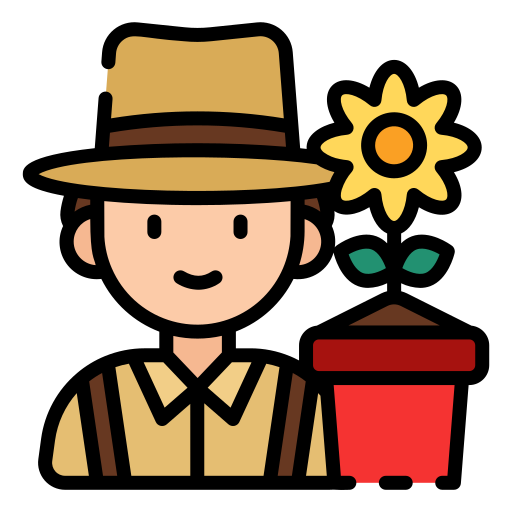 Icon of a male figure wearing a broad-brim hat, standing next to a potted yellow flower.