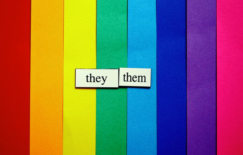 A paper rainbow flag with fridge magnets containing the words 'they' and 'them'.