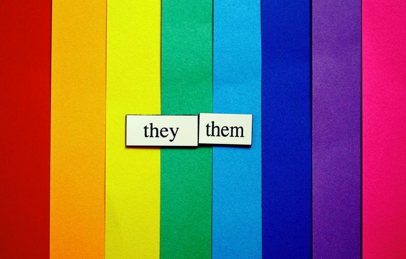 A paper rainbow flag with fridge magnets containing the words "they" and "them".