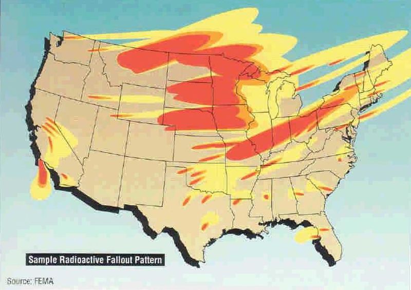 A map of the US showing radioactive fallout patterns.