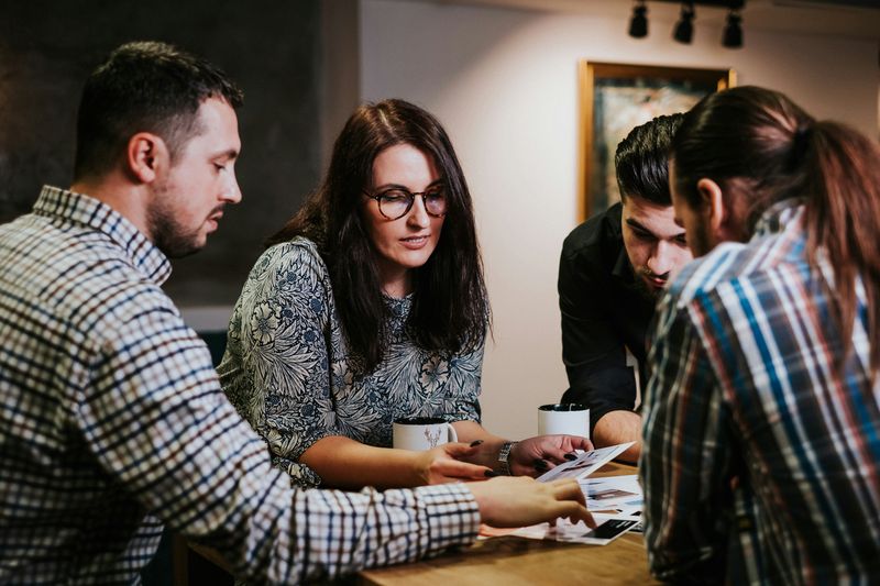 A group of people brainstorming.