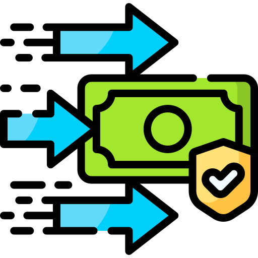 An icon with three blue arrows pointing right towards an image of cash.
