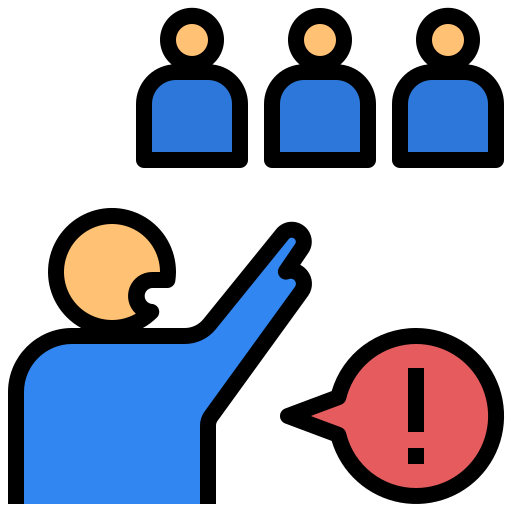 Character speaking with an exclamation mark and three people listening