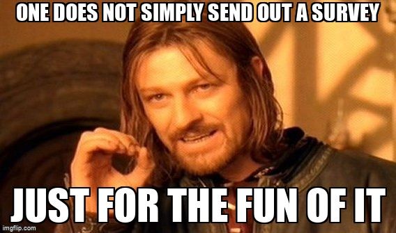 Boromir from Lord of the Rings saying, 'One does not simply send out a survey just for the fun of it.'