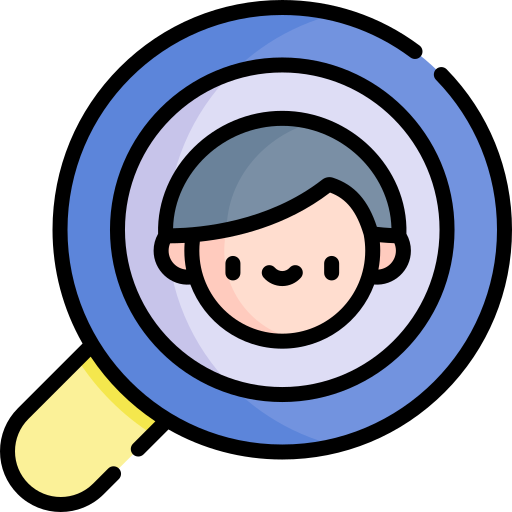 Magnifying glass with a kid's face magnified icon
