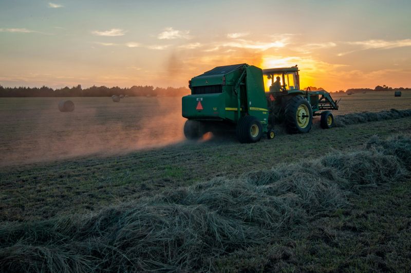 In the sunset, a tractor pulls a baler, creating hay bales on a farm.