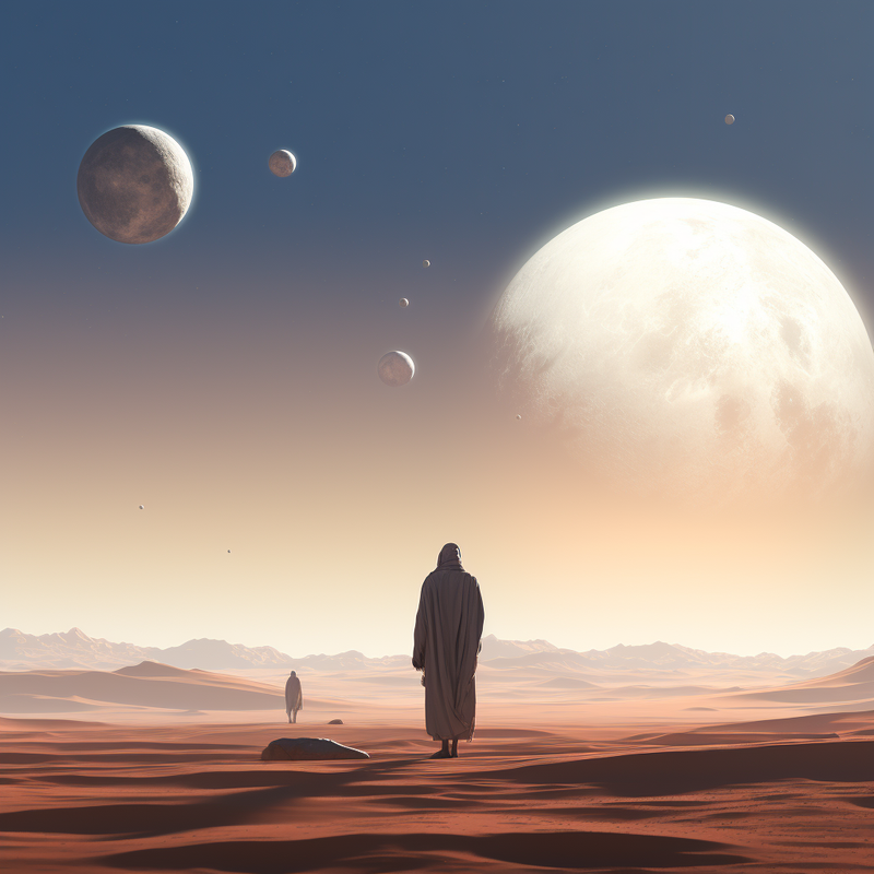 Multiple moons over a desert landscape planet.