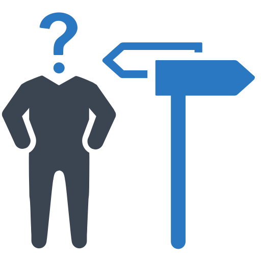 A person with a question mark above their head standing next to a signpost.