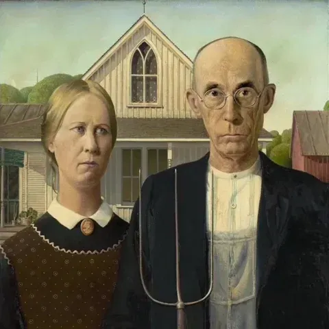 The painting American Gothic in animated form. The farmer's pitchfork rises.