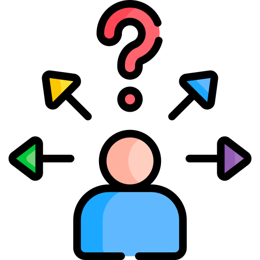 An icon showing a person with multicoloured arrows and a question mark atop their head.