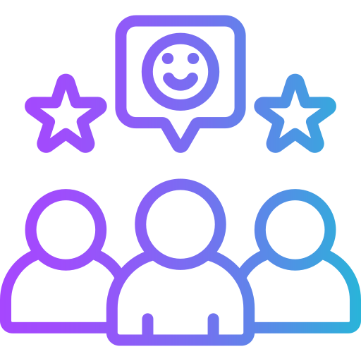 Icon: Three people in a group with stars above them and a speech bubble with a smiling face
