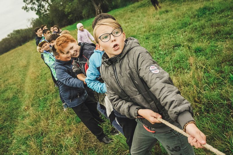 Students playing tug-of-war.