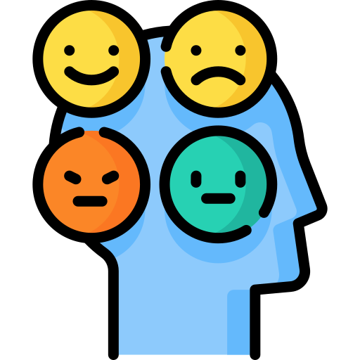 Happy, sad, angry, and numb faces on a person's head.